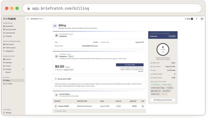 Billing on an Enterprise account: plan and seats on the left, invoice history below it, and a Subscription overview panel on the right with the credit meter, renewal date, seat count, and included features.
