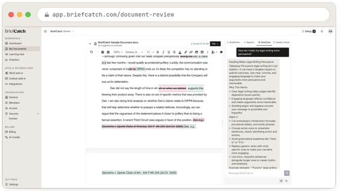 The BriefChat tab: a question in the message thread, and a structured reply with a heading, a takeaway, why it works, and how to apply it, with a message box to keep the conversation going.