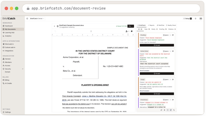 The review editor: document on the left, review sidebar on the right with its BriefCatch, Reports, BriefChat, and Reality Check tabs, and suggestion cards grouped by category underneath.