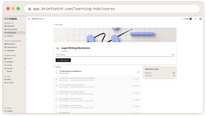 Inside a course: the module list on the left with locked modules below the one in progress, and the current module’s video player on the right.