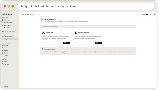 Integrations with neither provider connected yet. Each card states what the connection grants before you start, and the count at the top tracks how many of the two are live.