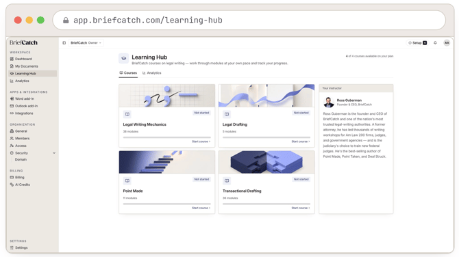 Learning Hub: four courses, each with its module count and a Not started badge, next to an About the instructor card for Ross Guberman.