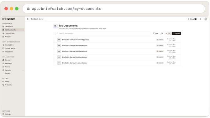 My Documents: the search, filter, sort, and view-switch toolbar above a list of stored briefs, each carrying an Expired status and the date its stored copy lapsed.