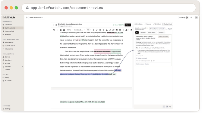 Results for a one-citation run: the citation came back Not Verifiable, with a finding explaining that a temporary retrieval issue — not a problem with the citation itself — prevented verification, and a Fix suggesting a re-run.