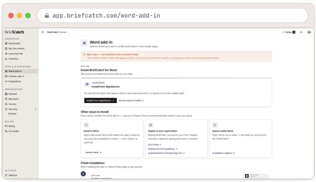 App.briefcatch.com word add in screen