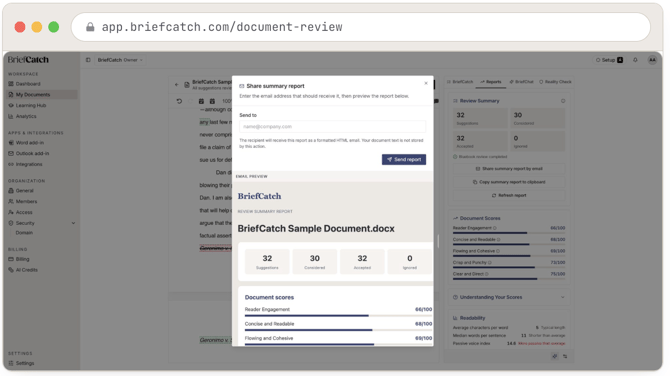 Share summary report: enter a recipient’s address, preview the formatted email below it, and Send report — the document text itself is never stored by this action.