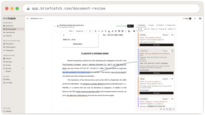 The All tab on a 32-suggestion document: Proofing, Active Voice, Usage, and Punchiness cards stacked in document order, each with its original and suggested text, a short explanation, and an Accept action.