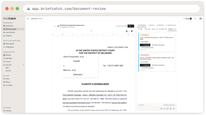The Citations tab of the suggestions panel: two citation cards, each with a case name, a corrections count, Go to citation, Accept all and Reject remaining, and its formatting-fix count and paragraph reference.