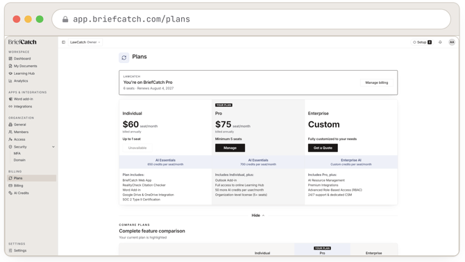 The Plans screen: current plan and renewal date at the top, then Individual, Pro (the active plan), and Enterprise side by side with pricing and what each includes.