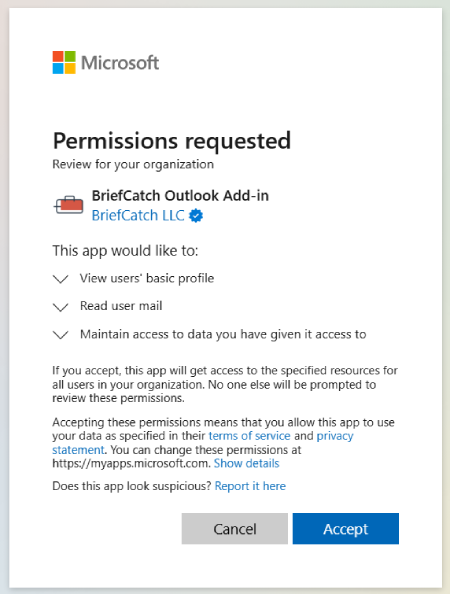 briefcatch-outlook-m365-permissions-requested