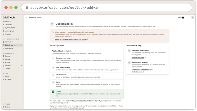 The Outlook add-in setup page: a Microsoft 365 account warning up top, then a four-step Add BriefCatch in Outlook flow — compose, open the Apps panel, add BriefCatch, sign in.